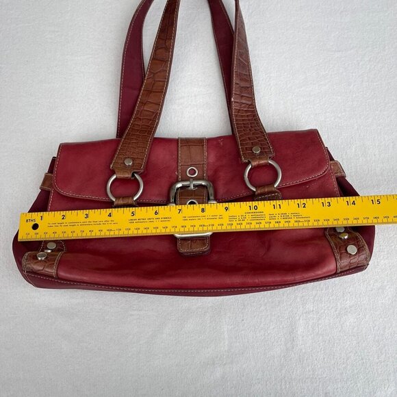 Franco Sarto Red Leather Embossed Brown Trim Shoulder Bag Dual Straps Buckle - Picture 14 of 16